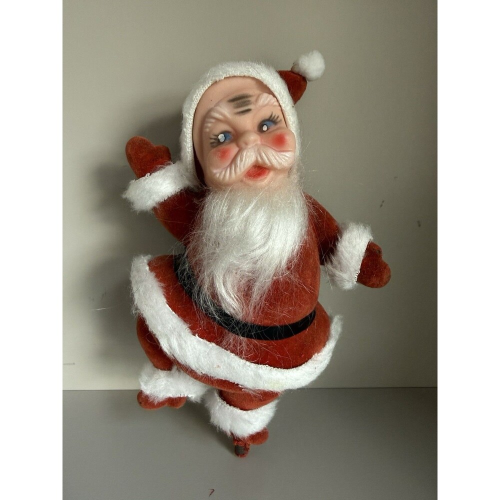 Vintage Waving Flocked Santa Claus Christmas Figurine 8-1/2” Tall